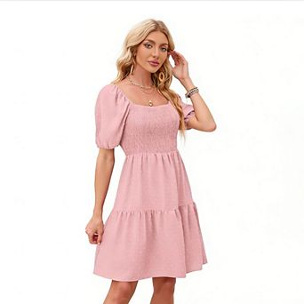 Women's Summer Square Neck Short Sleeve Pleats Mini Dress Puff Sleeve Dot Dresses