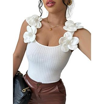 Womens Slim Basic Cami Tee Shirts Fashion 3D Floral Tank Top Scoop Neck Ribbed Sleeveless Camisole