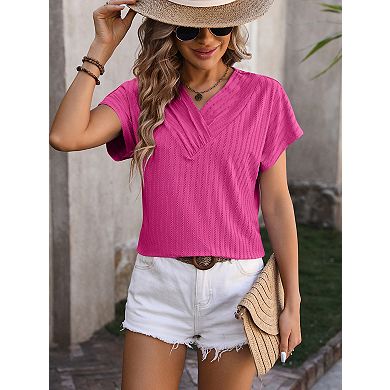 Women's V-neck chain jacquard tops short sleeve T-shirt summer blouse tunics