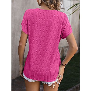 Women's V-neck chain jacquard tops short sleeve T-shirt summer blouse tunics