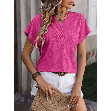 Women's V-neck chain jacquard tops short sleeve T-shirt summer blouse tunics