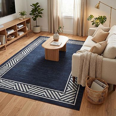Fashionwu Modern Geometric Border Rug Low Pile Non Slip Washable Soft Carpet Thin Mat