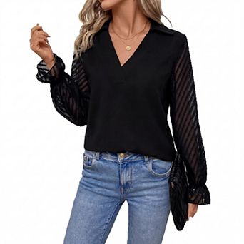 Women Long Sleeve Blouse V Neck Elegant Shirt