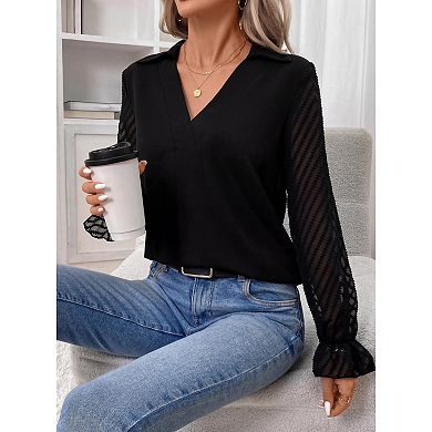 Women Long Sleeve Blouse V Neck Elegant Shirt