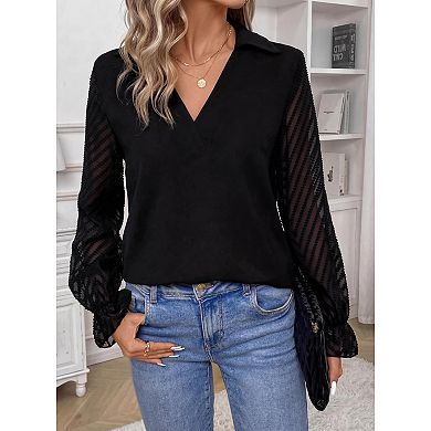Women Long Sleeve Blouse V Neck Elegant Shirt