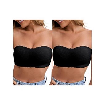 2 Packs Women's Floral Lace Strapless Wireless Tube Bras Anti-Slip Push Up Soft Padded Bandeau