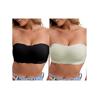 2 Packs Women's Floral Lace Strapless Wireless Tube Bras Anti-Slip Push Up Soft Padded Bandeau