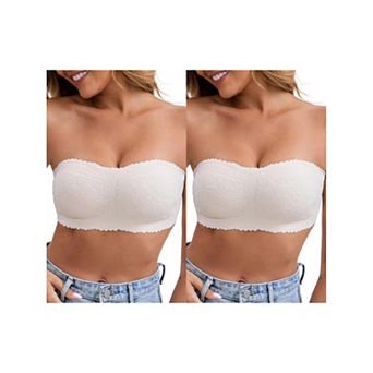 2 Packs Women's Floral Lace Strapless Wireless Tube Bras Anti-Slip Push Up Soft Padded Bandeau