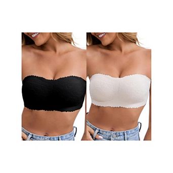 2 Packs Women's Floral Lace Strapless Wireless Tube Bras Anti-Slip Push Up Soft Padded Bandeau