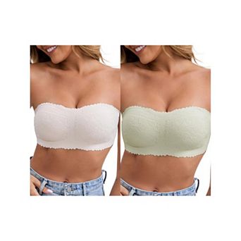2 Packs Women's Floral Lace Strapless Wireless Tube Bras Anti-Slip Push Up Soft Padded Bandeau