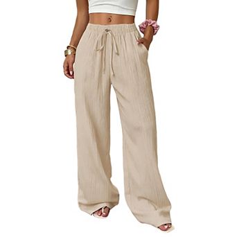 Women's Textured High Waist Wide Leg Pants, Elastic Waist Flowy Casual Trousers