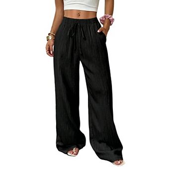 Women's Textured High Waist Wide Leg Pants, Elastic Waist Flowy Casual Trousers