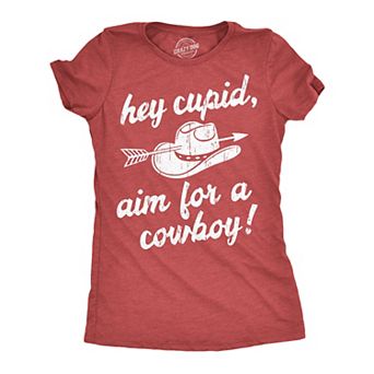 Womens Funny T Shirts Hey Cupid Aim For A Cowboy Sarcastic Western Valentines Day Tee For Ladies