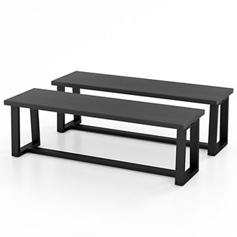 Gymax Set of 2 56.5"L Wood Dining Bench Metal Frame w/ Adjustable Footpads Entryway Black