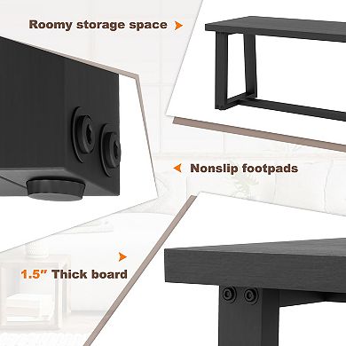 Gymax Set of 2 56.5"L Wood Dining Bench Metal Frame w/ Adjustable Footpads Entryway Black