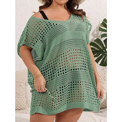 Womens Plus Size Crochet Hollow Out Short Sleeve Bathing Suit Mesh Knit Cover Up
