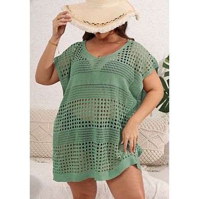 Womens Plus Size Crochet Hollow Out Short Sleeve Bathing Suit Mesh Knit Cover Up