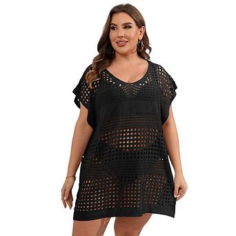 Womens Plus Size Crochet Hollow Out Short Sleeve Bathing Suit Mesh Knit Cover Up