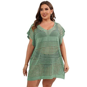 Womens Plus Size Crochet Hollow Out Short Sleeve Bathing Suit Mesh Knit Cover Up