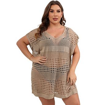 Womens Plus Size Crochet Hollow Out Short Sleeve Bathing Suit Mesh Knit Cover Up
