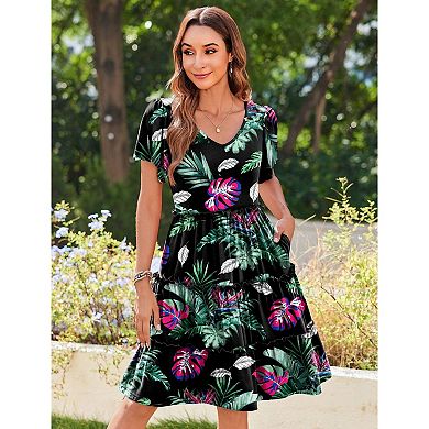 Zeagoo Women's V Neck Ruffle Sleeve Tiered Mini Boho Flowy Sundress with Pockets