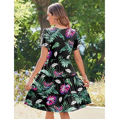 Zeagoo Women's V Neck Ruffle Sleeve Tiered Mini Boho Flowy Sundress with Pockets