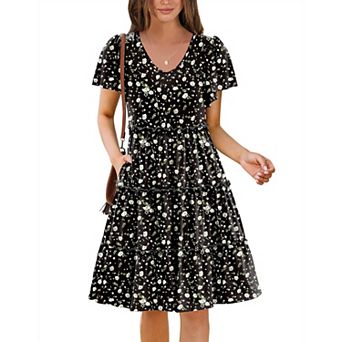 Zeagoo Women's V Neck Ruffle Sleeve Tiered Mini Boho Flowy Sundress with Pockets