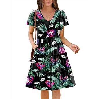 Zeagoo Women's V Neck Ruffle Sleeve Tiered Mini Boho Flowy Sundress with Pockets