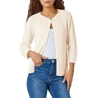 Women's Solid Color 3/4 Sleeves Open Front Crochet Knit Cardigan