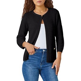 Women's Solid Color 3/4 Sleeves Open Front Crochet Knit Cardigan