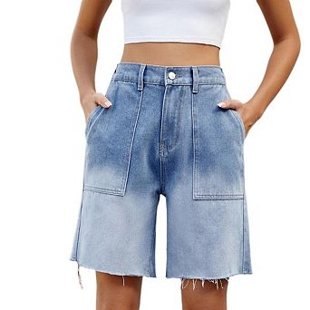 Womens Bermuda Jean Shorts High Waisted Stretchy Casual Gradient Denim Shorts with Pockets