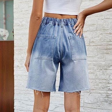 Womens Bermuda Jean Shorts High Waisted Stretchy Casual Gradient Denim Shorts with Pockets