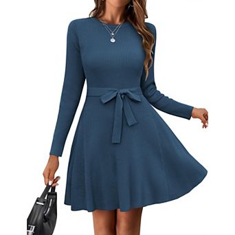 Zeagoo Women's Crewneck Long Sleeve Tie Waist A-Line Swing Ribbed Knit Sweater Dress