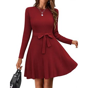 Zeagoo Women's Crewneck Long Sleeve Tie Waist A-Line Swing Ribbed Knit Sweater Dress