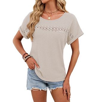 Women's Casual Scoop Neck Waffle Knit Top Short Sleeve with Hollow Out Detail Loose Fit Tunic Style