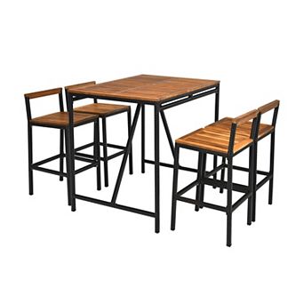 Gymax 5 pc Patio Bar Table Set PE Rattan High-Dining Bistro Set w/ Acacia Wood Top