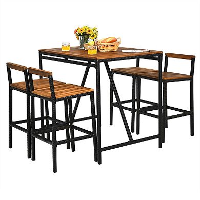 Gymax 5PCS Patio Bar Table Set PE Rattan High-Dining Bistro Set w/ Acacia Wood Top