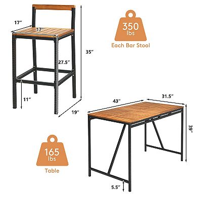 Gymax 5PCS Patio Bar Table Set PE Rattan High-Dining Bistro Set w/ Acacia Wood Top
