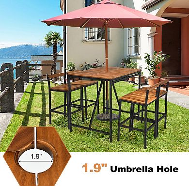 Gymax 5PCS Patio Bar Table Set PE Rattan High-Dining Bistro Set w/ Acacia Wood Top