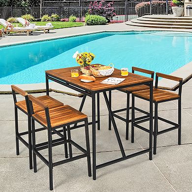 Gymax 5PCS Patio Bar Table Set PE Rattan High-Dining Bistro Set w/ Acacia Wood Top