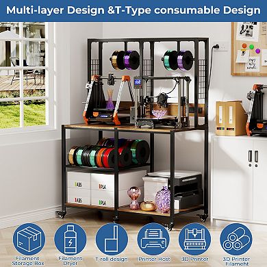 Double 3D Printer Stand with Filament Storage, Metal T-Type Holder with Wheels for Office