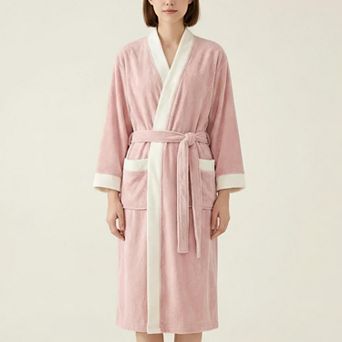 Women's Long Plush Robe with Contrast Trim Tie Waist Belt Front Pockets Soft Fleece Robe