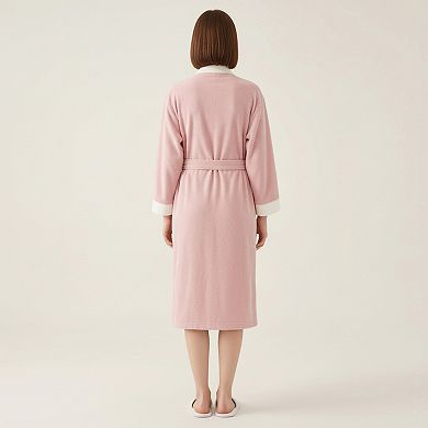 Women's Long Plush Robe with Contrast Trim Tie Waist Belt Front Pockets Soft Fleece Robe