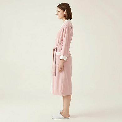 Women's Long Plush Robe with Contrast Trim Tie Waist Belt Front Pockets Soft Fleece Robe