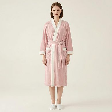 Women's Long Plush Robe with Contrast Trim Tie Waist Belt Front Pockets Soft Fleece Robe