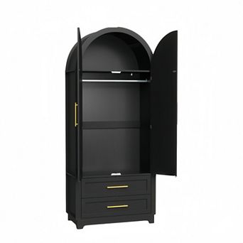 73" Tall Wardrobe Closet, Modern Armoire Wardrobe Closet with 2 Drawers and Arched Doors