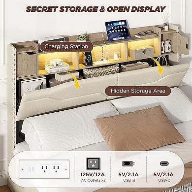 Bed Frame with Storage Headboard, 4 Drawers +RGB LED Lights & Charging Station, No Box Spring Needed