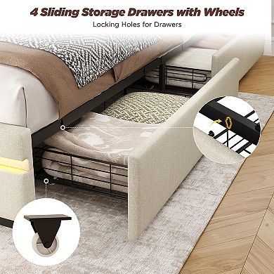 Bed Frame with Storage Headboard, 4 Drawers +RGB LED Lights & Charging Station, No Box Spring Needed