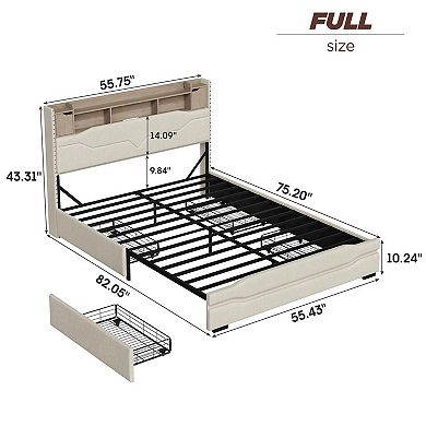 Bed Frame with Storage Headboard, 4 Drawers +RGB LED Lights & Charging Station, No Box Spring Needed