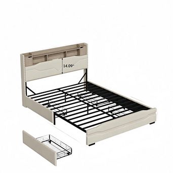 Bed Frame with Storage Headboard, 4 Drawers +RGB LED Lights & Charging Station, No Box Spring Needed